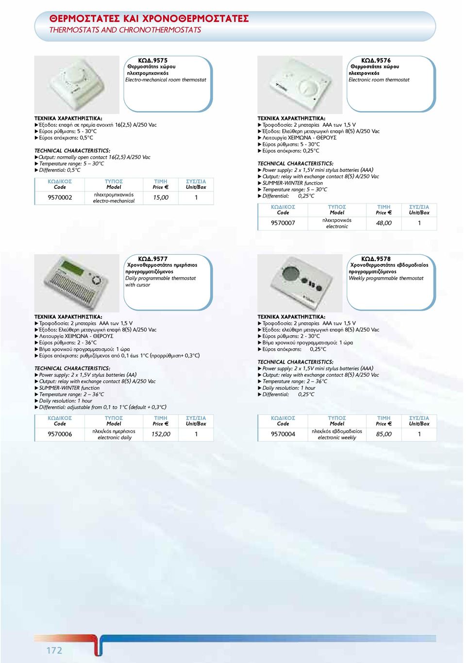 Temperature range: 5 30 C u Differential: 0,5 C 9570002 çëåêôñïìç áíéêüò electro-mechanical 15,00 1 u Ôñïöïäïóßá: 2 ìðáôáñßåò AAA ôùí 1,5 V u îïäïò: Åëåýèåñç ìåôáãùãéêþ åðáöþ 8(5) A/250 Vac u