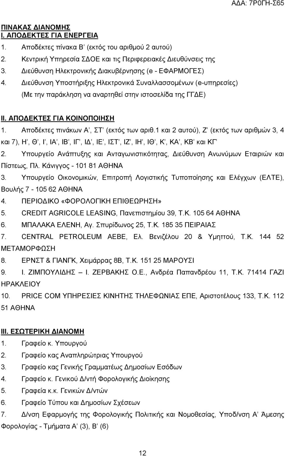 ΑΠΟΓΔΚΣΔ ΓΙΑ ΚΟΙΝΟΠΟΙΗΗ 1. Απνδέθηεο πηλάθσλ Α, Σ (εθηφο ησλ αξηζ.1 θαη 2 απηνχ), Ε (εθηφο ησλ αξηζκψλ 3, 4 θαη 7), Ζ, Θ, Η, ΗΑ, ΗΒ, ΗΓ, ΗΓ, ΗΔ, ΗΣ, ΗΕ, ΗΖ, ΗΘ, Κ, ΚΑ, ΚΒ θαη ΚΓ 2.