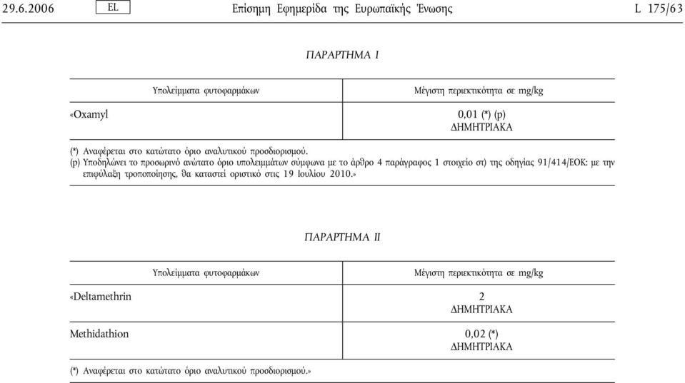 (p) Υποδηλώνει το προσωρινό ανώτατο όριο υπολειμμάτων σύμφωνα με το άρθρο 4 παράγραφος 1 στοιχείο στ) της οδηγίας 91/414/ΕΟΚ: με την επιφύλαξη