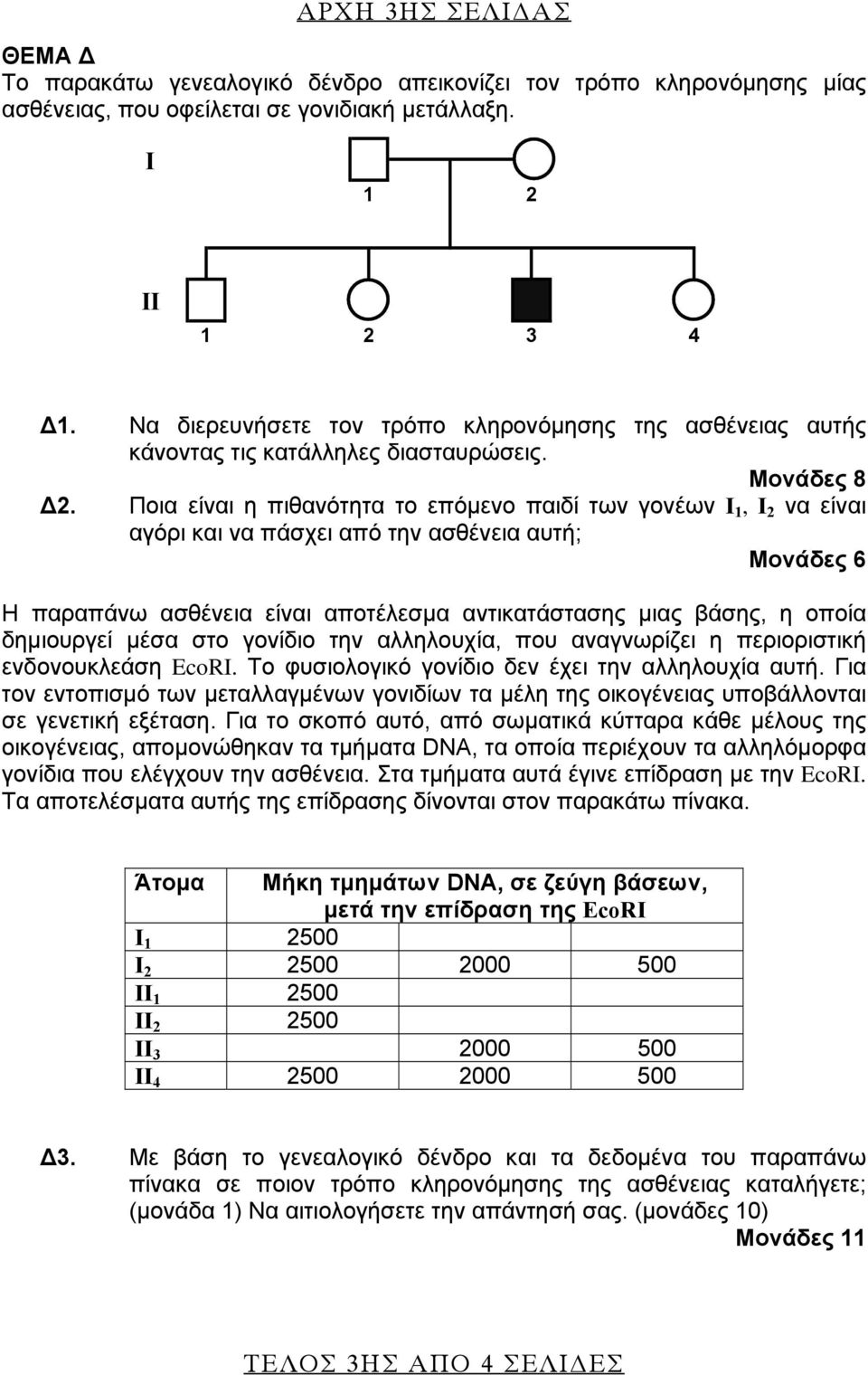 Ποια είναι η πιθανότητα το επόμενο παιδί των γονέων Ι 1, Ι 2 να είναι αγόρι και να πάσχει από την ασθένεια αυτή; Μονάδες 6 Η παραπάνω ασθένεια είναι αποτέλεσμα αντικατάστασης μιας βάσης, η οποία