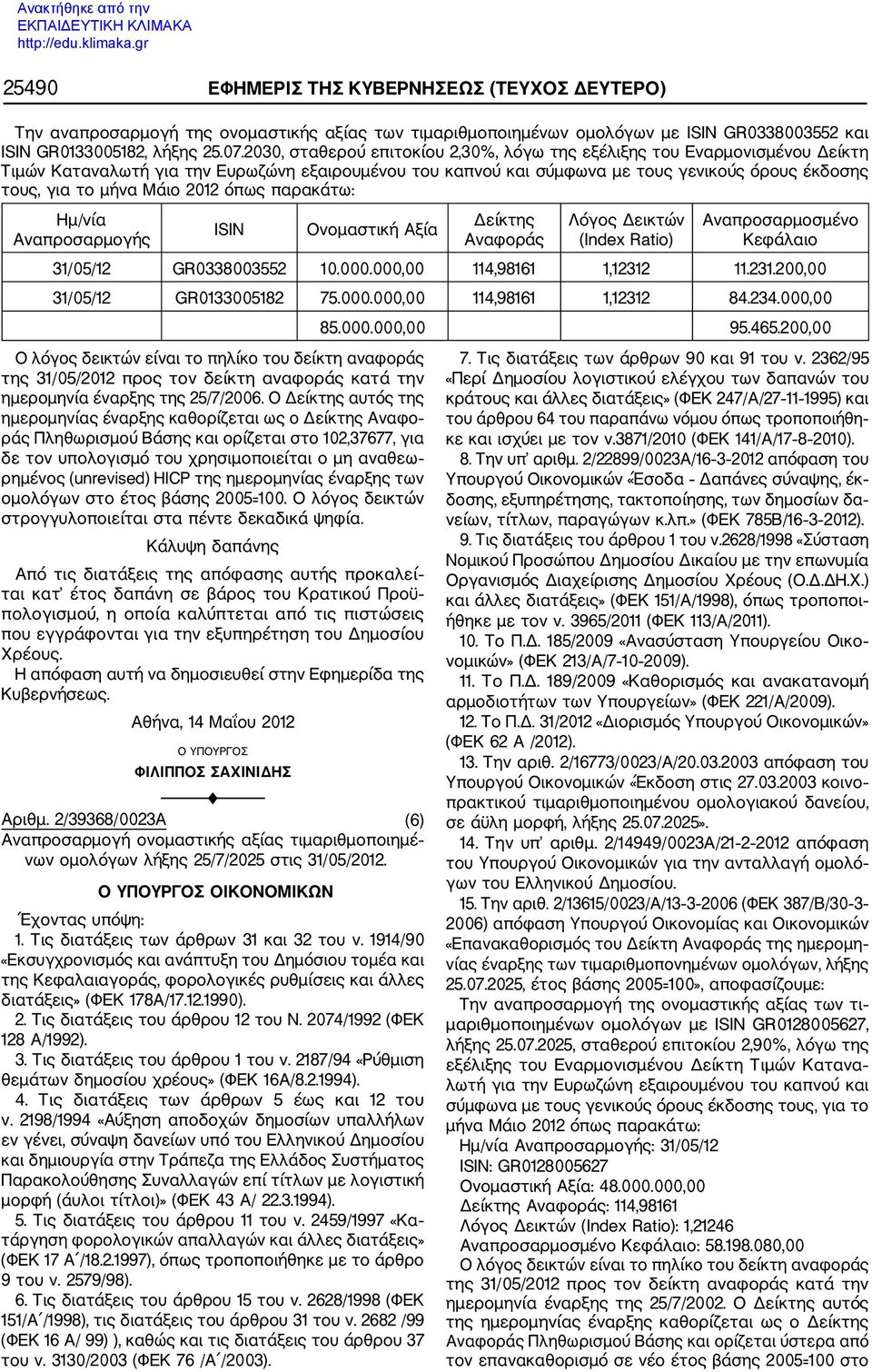 2012 όπως παρακάτω: Ημ/νία Αναπροσαρμογής ISIN Ονομαστική Αξία Δείκτης Αναφοράς Λόγος Δεικτών (Index Ratio) Αναπροσαρμοσμένο Κεφάλαιο 31/05/12 GR0338003552 10.000.000,00 114,98161 1,12312