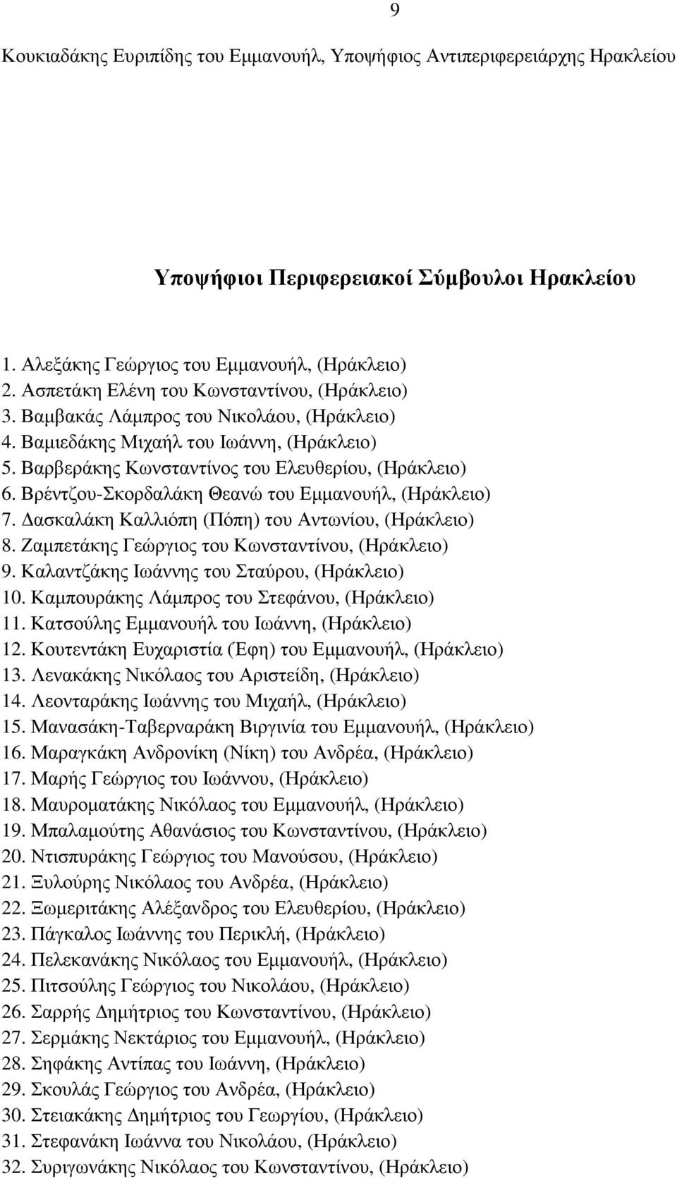 Βρέντζου-Σκορδαλάκη Θεανώ του Εµµανουήλ, (Ηράκλειο) 7. ασκαλάκη Καλλιόπη (Πόπη) του Αντωνίου, (Ηράκλειο) 8. Ζαµπετάκης Γεώργιος του Κωνσταντίνου, (Ηράκλειο) 9.