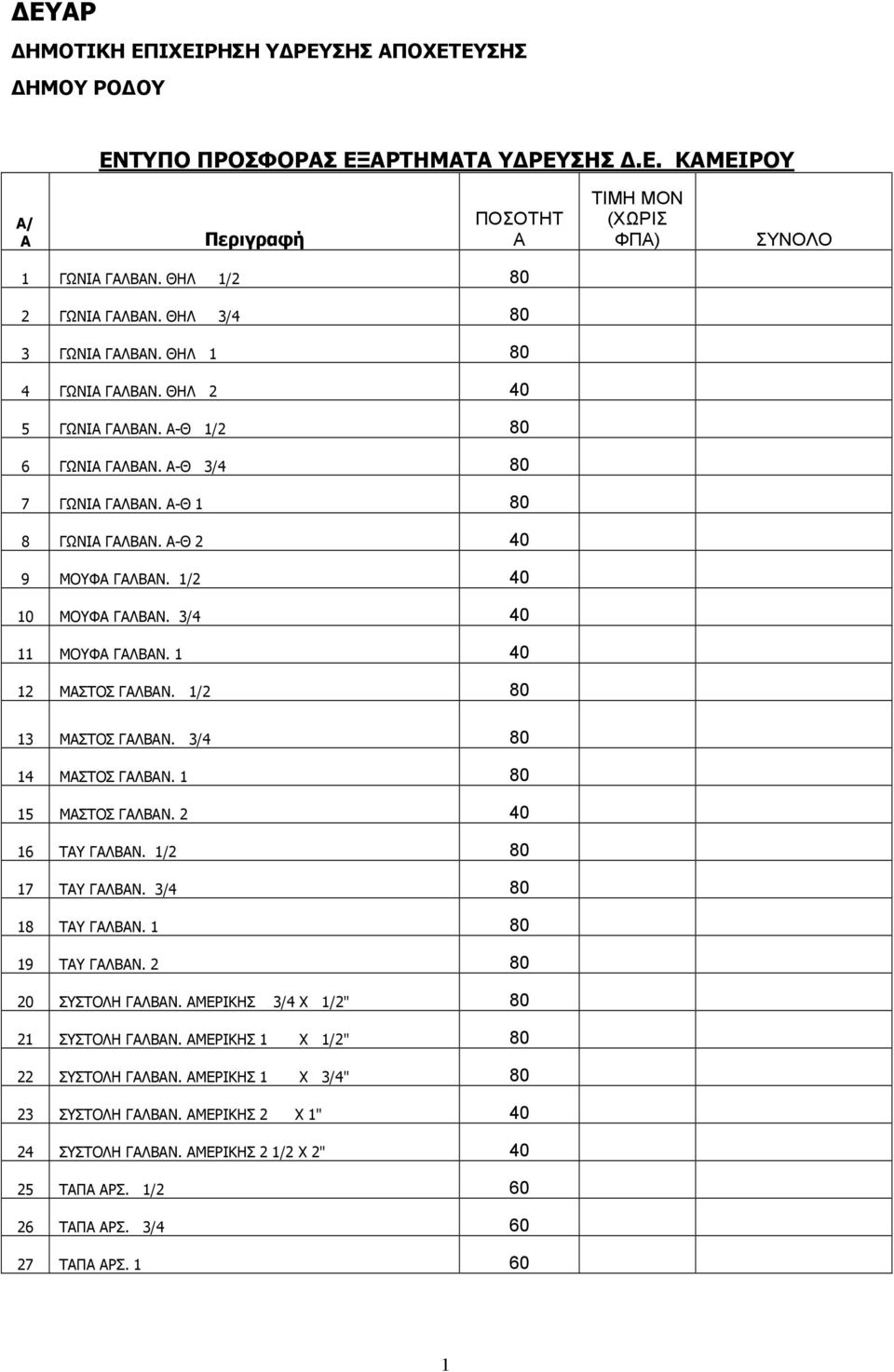 Α-Θ 2 40 9 ΜΟΥΦΑ ΓΑΛΒΑΝ. 1/2 40 10 ΜΟΥΦΑ ΓΑΛΒΑΝ. 3/4 40 11 ΜΟΥΦΑ ΓΑΛΒΑΝ. 1 40 12 ΜΑΣΤΟΣ ΓΑΛΒΑΝ. 1/2 80 13 ΜΑΣΤΟΣ ΓΑΛΒΑΝ. 3/4 80 14 ΜΑΣΤΟΣ ΓΑΛΒΑΝ. 1 80 15 ΜΑΣΤΟΣ ΓΑΛΒΑΝ. 2 40 16 ΤΑΥ ΓΑΛΒΑΝ.