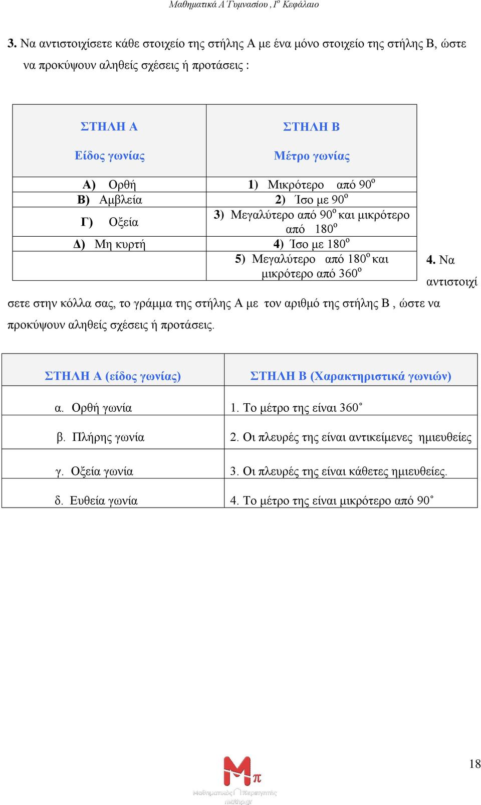 σας, το γράμμα της στήλης Α με τον αριθμό της στήλης Β, ώστε να προκύψουν αληθείς σχέσεις ή προτάσεις. 4. Να αντιστοιχί ΣΤΗΛΗ Α (είδος γωνίας) ΣΤΗΛΗ B (Χαρακτηριστικά γωνιών) α. Ορθή γωνία 1.