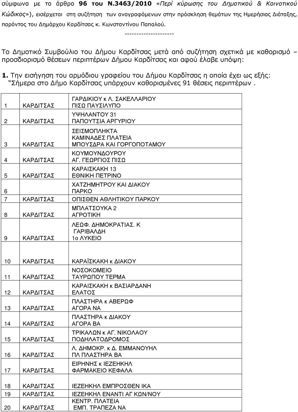 Κωνσταντίνου Παπαλού. --------------------- Το ηµοτικό Συµβούλιο του ήµου Καρδίτσας µετά από συζήτηση σχετικά µε καθορισµό προσδιορισµό θέσεων περιπτέρων ήµου Καρδίτσας και αφού έλαβε υπόψη: 1.