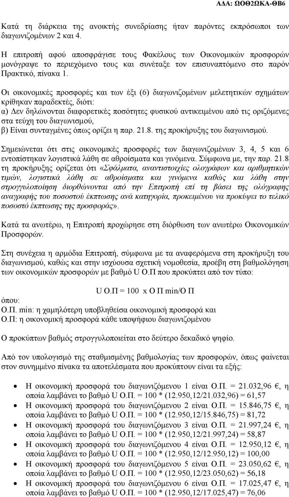 Οι οικονομικές προσφορές και των έξι (6) διαγωνιζομένων μελετητικών σχημάτων κρίθηκαν παραδεκτές, διότι: α) Δεν δηλώνονται διαφορετικές ποσότητες φυσικού αντικειμένου από τις οριζόμενες στα τεύχη του