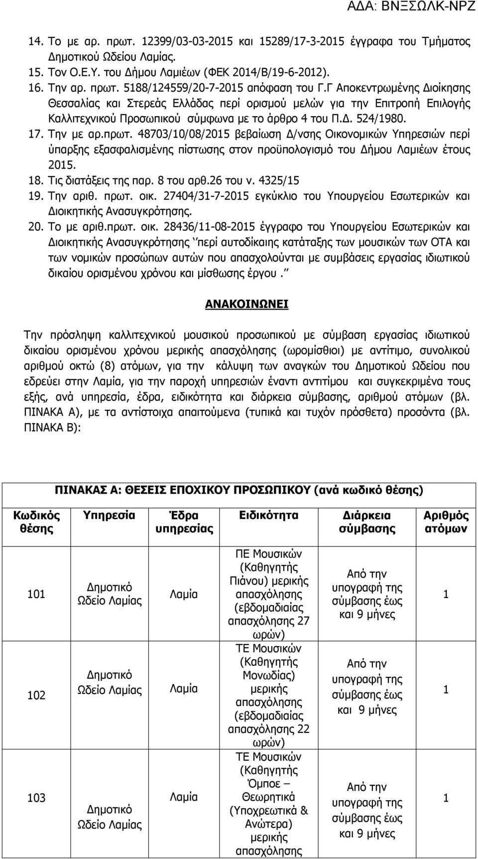 48703/10/08/2015 βεβαίωση Δ/νσης Οικονομικών Υπηρεσιών περί ύπαρξης εξασφαλισμένης πίστωσης στον προϋπολογισμό του Δήμου Λαμιέων έτους 2015. 18. Τις διατάξεις της παρ. 8 του αρθ.26 του ν. 4325/15 19.