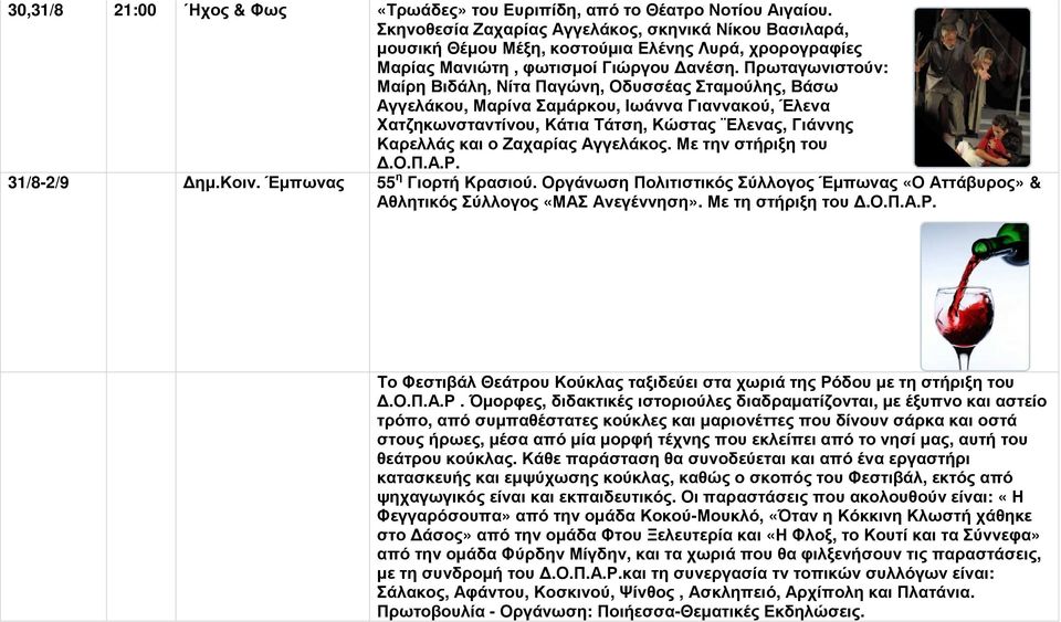 Πρωταγωνιστούν: Μαίρη Βιδάλη, Νίτα Παγώνη, Οδυσσέας Σταµούλης, Βάσω Αγγελάκου, Μαρίνα Σαµάρκου, Ιωάννα Γιαννακού, Έλενα Χατζηκωνσταντίνου, Κάτια Τάτση, Κώστας Ελενας, Γιάννης Καρελλάς και ο Ζαχαρίας