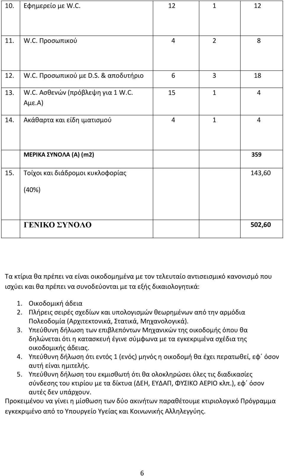 Σοίχοι και διάδρομοι κυκλοφορίασ 143,60 (40%) ΓΔΝΙΚΟ ΤΝΟΛΟ 502,60 Σα κτίρια κα πρζπει να είναι οικοδομθμζνα με τον τελευταίο αντιςειςμικό κανονιςμό που ιςχφει και κα πρζπει να ςυνοδεφονται με τα εξισ