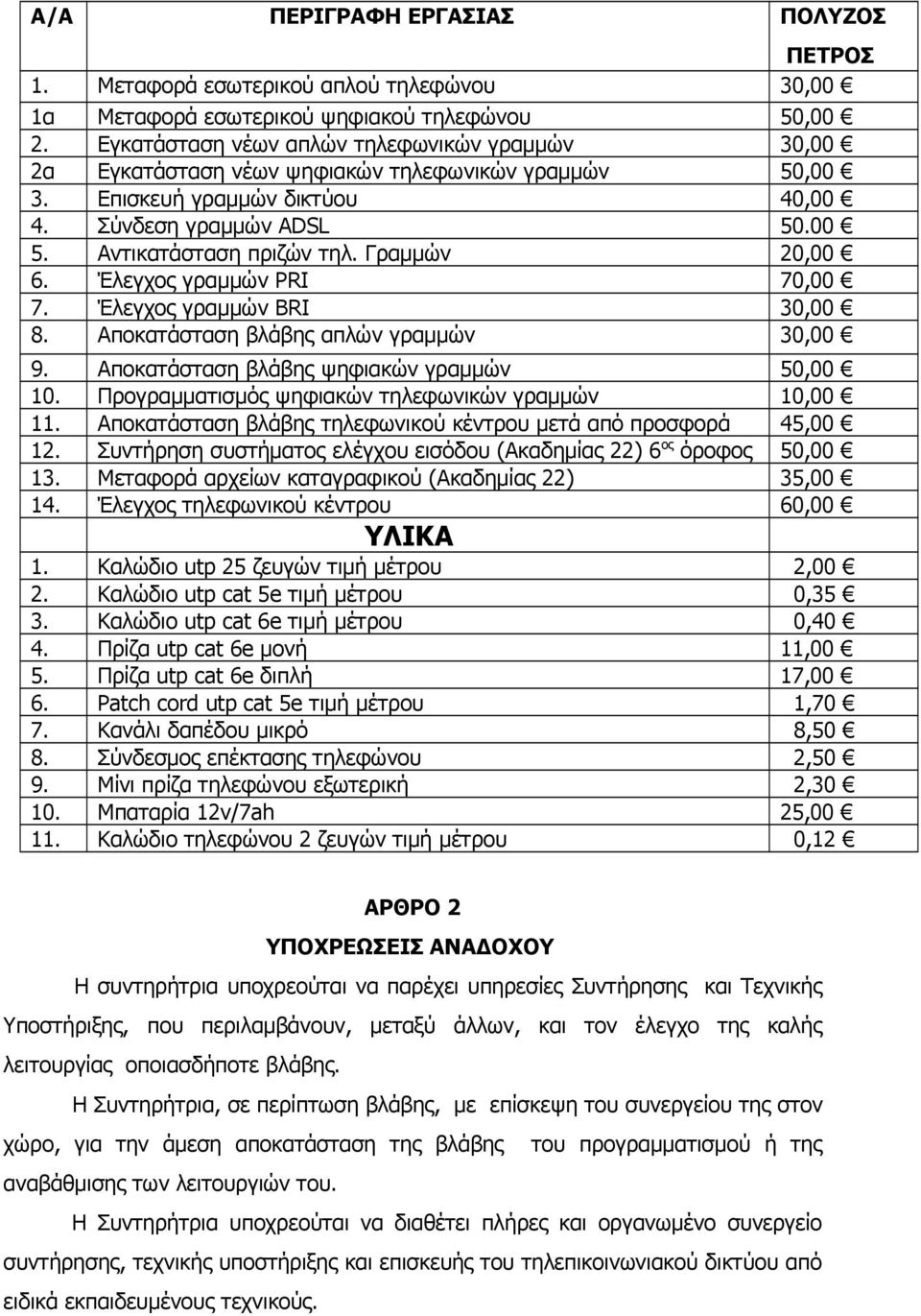Γραμμών 20,00 6. Έλεγχος γραμμών PRI 70,00 7. Έλεγχος γραμμών BRI 30,00 8. Αποκατάσταση βλάβης απλών γραμμών 30,00 9. Αποκατάσταση βλάβης ψηφιακών γραμμών 50,00 10.