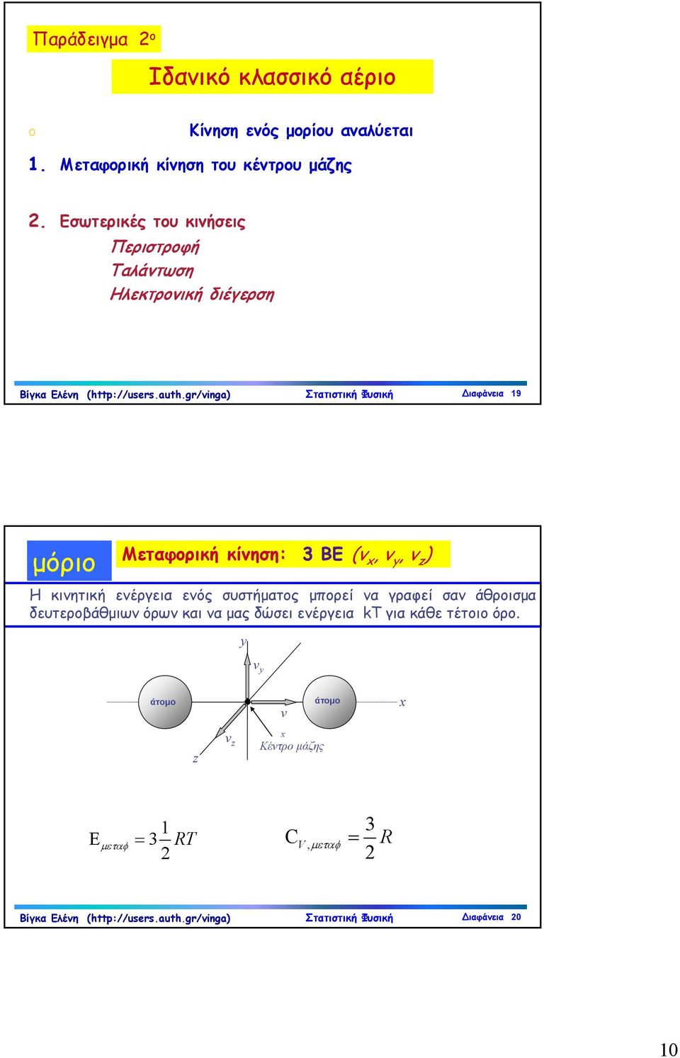 gr/vinga) Στατιστική Φυσική Διαφάνεια 9 μόριο Μεταφορική κίνηση: 3 BE (v x, v y, v z ) Η κινητική ενέργεια ενός συστήματος μπορεί να