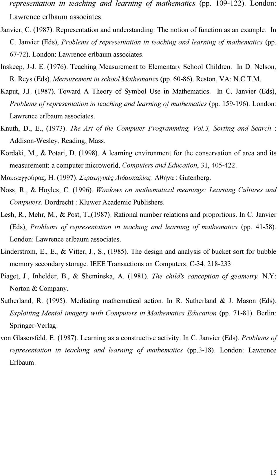 Teaching Measurement to Elementary School Children. In D. Nelson, R. Reys (Eds), Measurement in school Mathematics (pp. 60-86). Reston, VA: N.C.T.M. Kaput, J.J. (1987).