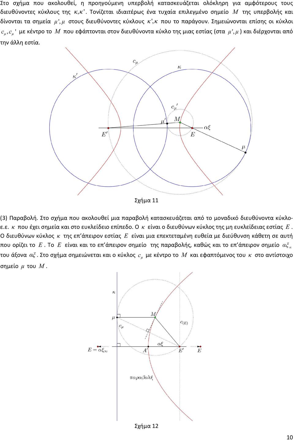 Σημειώνονται επίσης οι κύκλοι cµ, c µ ' με κέντρο το Μ που εφάπτονται στον διευθύνοντα κύκλο της μιας εστίας (στα την άλλη εστία. µ ', µ ) και διέρχονται από Σχήμα (3) Παραβολή.