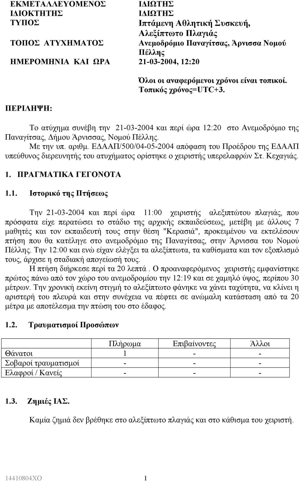 αριθµ. Ε ΑΑΠ/500/04-05-2004 απόφαση του Προέδρου της Ε ΑΑΠ υπεύθυνος διερευνητής του ατυχήµατος ορίστηκε ο χειριστής υπερελαφρών Στ. Κεχαγιάς. 1.