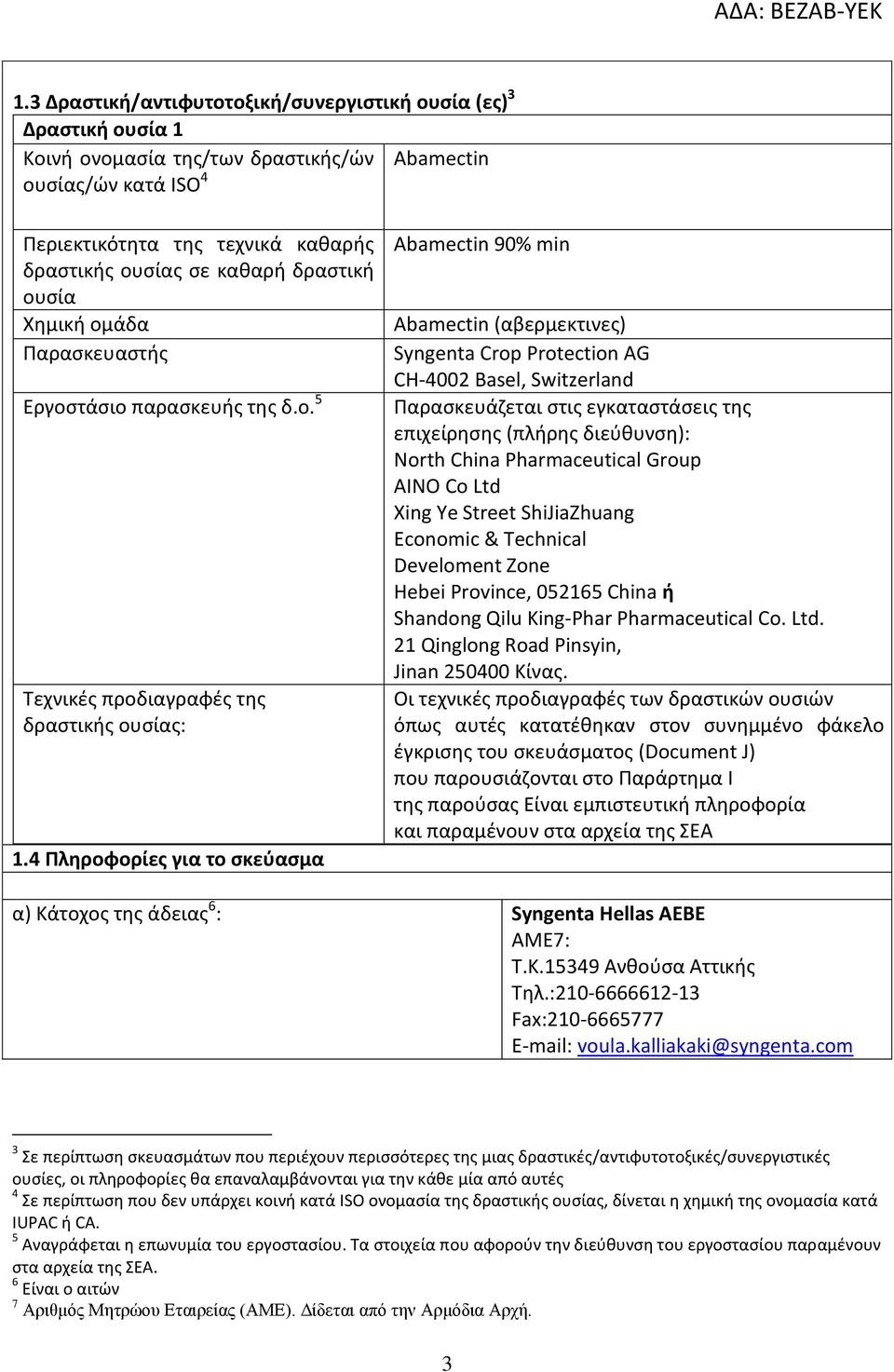 4 Πληροφορίες για το σκεύασμα Abamectin 90% min Abamectin (αβερμεκτινες) Syngenta Crop Protection AG CH-4002 Basel, Switzerland Παρασκευάζεται στις εγκαταστάσεις της επιχείρησης (πλήρης διεύθυνση):