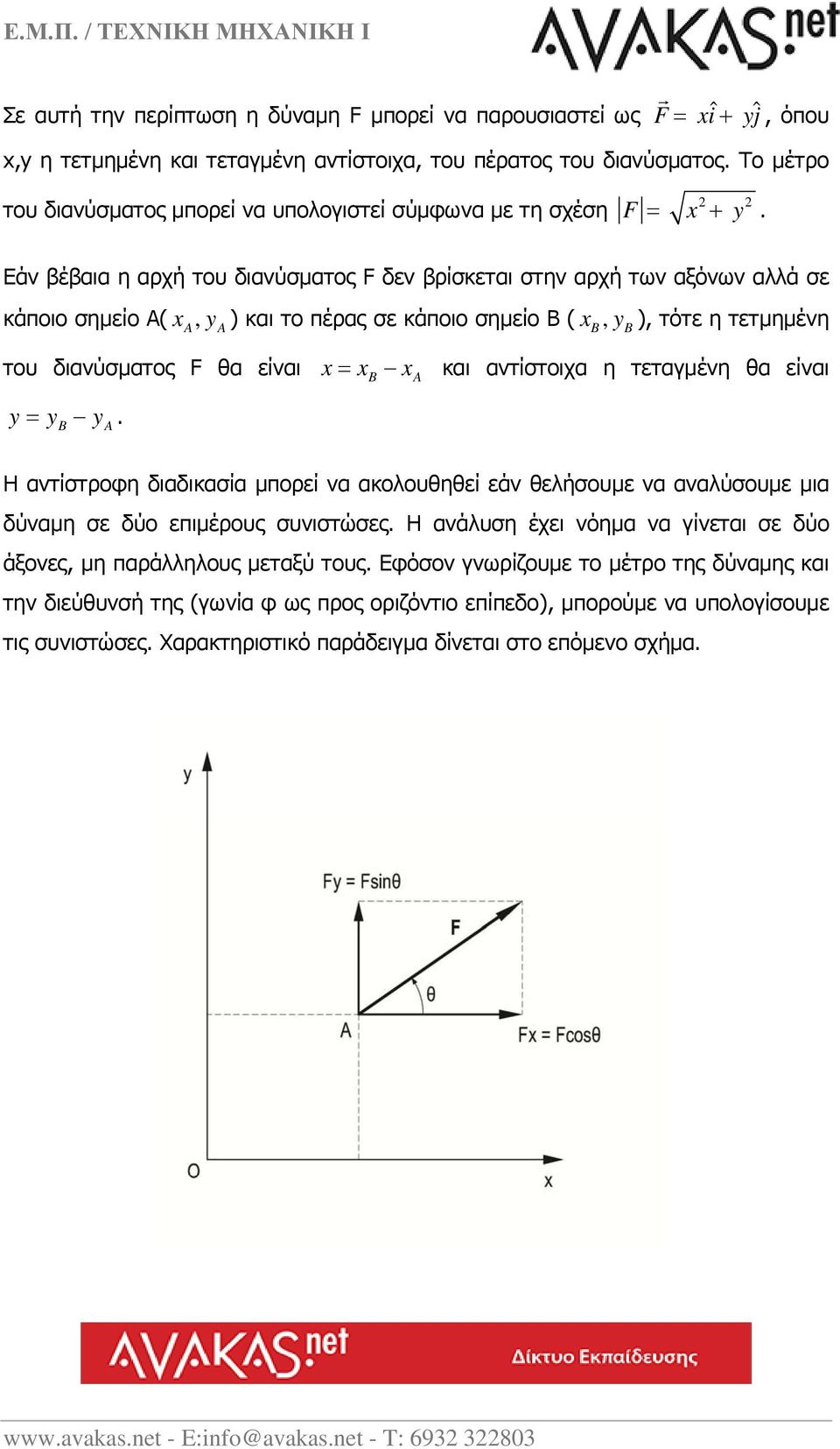 Εάν βέβαια η αρχή του διανύσματος F δεν βρίσκεται στην αρχή των αξόνων αλλά σε κάποιο σημείο Α( x, y ) και το πέρας σε κάποιο σημείο Β ( x, y ), τότε η τετμημένη A A του διανύσματος F θα είναι x xb