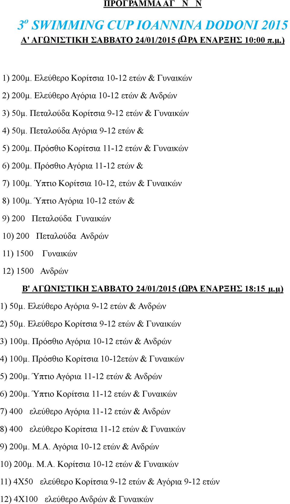 Πρόσθιο Αγόρια 11-12 ετών & 7) 100µ. Ύπτιο Κορίτσια 10-12, ετών & Γυναικών 8) 100µ.