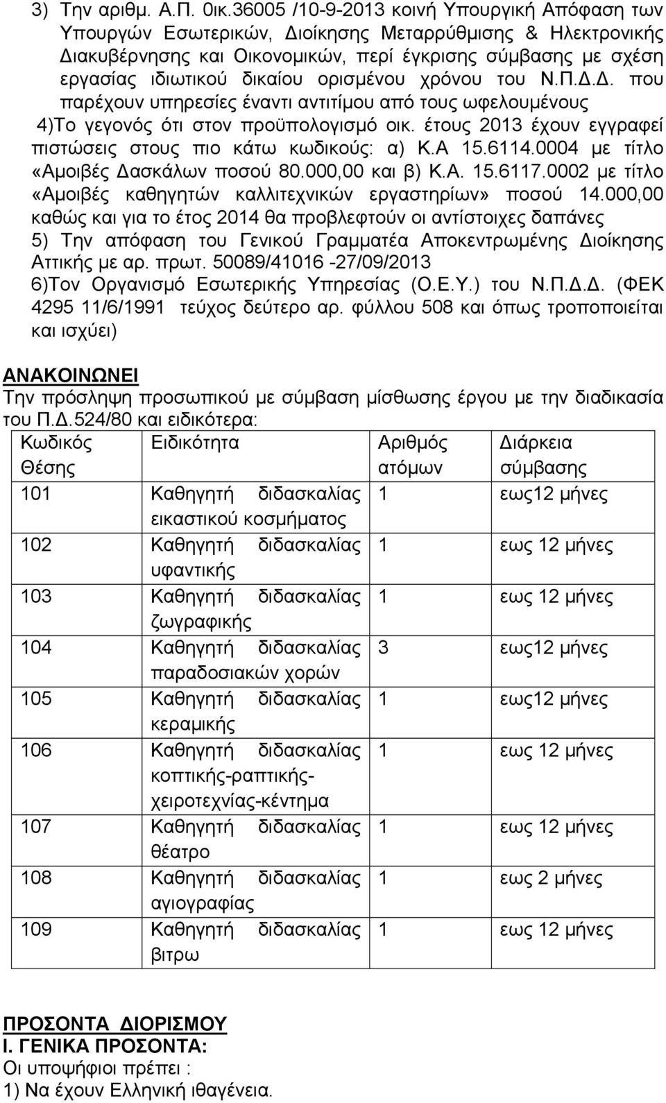 ορισµένου χρόνου του Ν.Π... που παρέχουν υπηρεσίες έναντι αντιτίµου από τους ωφελουµένους 4)Το γεγονός ότι στον προϋπολογισµό οικ. έτους 2013 έχουν εγγραφεί πιστώσεις στους πιο κάτω κωδικούς: α) Κ.