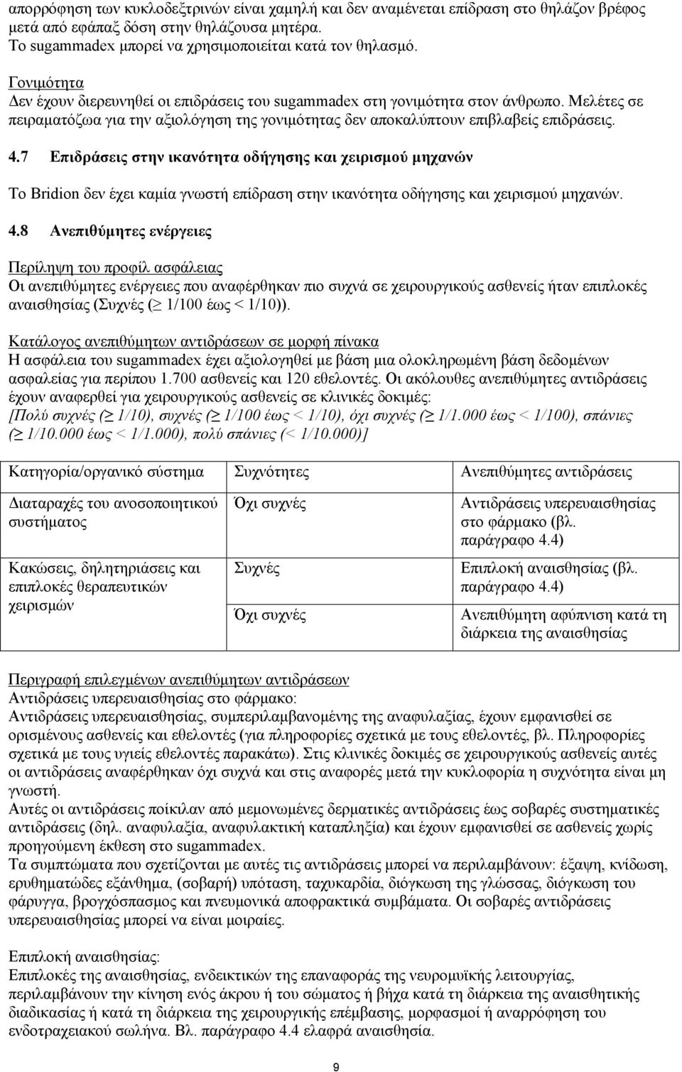 7 Επιδράσεις στην ικανότητα οδήγησης και χειρισμού μηχανών Το Bridion δεν έχει καμία γνωστή επίδραση στην ικανότητα οδήγησης και χειρισμού μηχανών. 4.