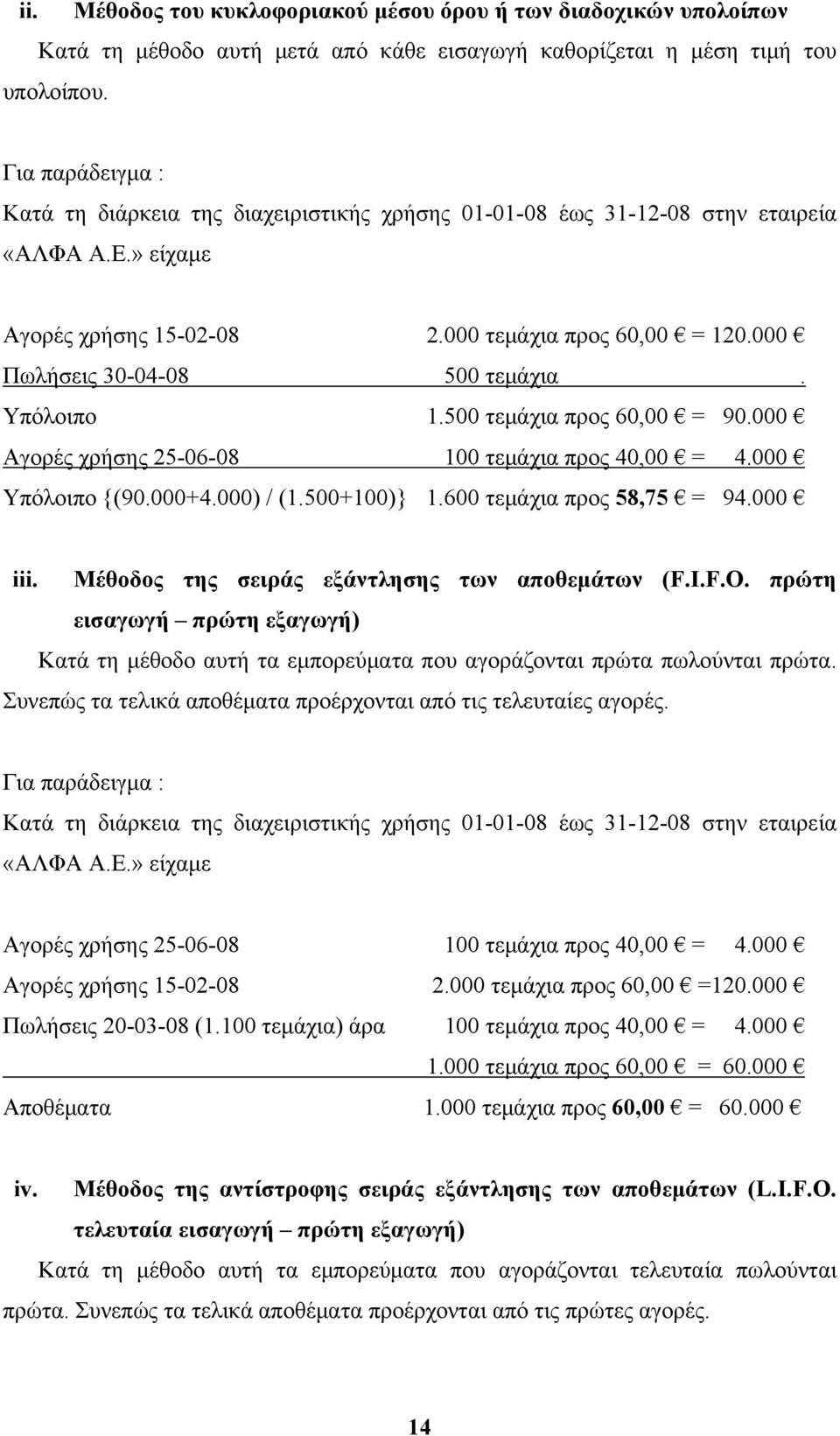 000 Πωλήσεις 30-04-08 500 τεμάχια. Υπόλοιπο 1.500 τεμάχια προς 60,00 = 90.000 Αγορές χρήσης 25-06-08 100 τεμάχια προς 40,00 = 4.000 Υπόλοιπο {(90.000+4.000) / (1.500+100)} 1.