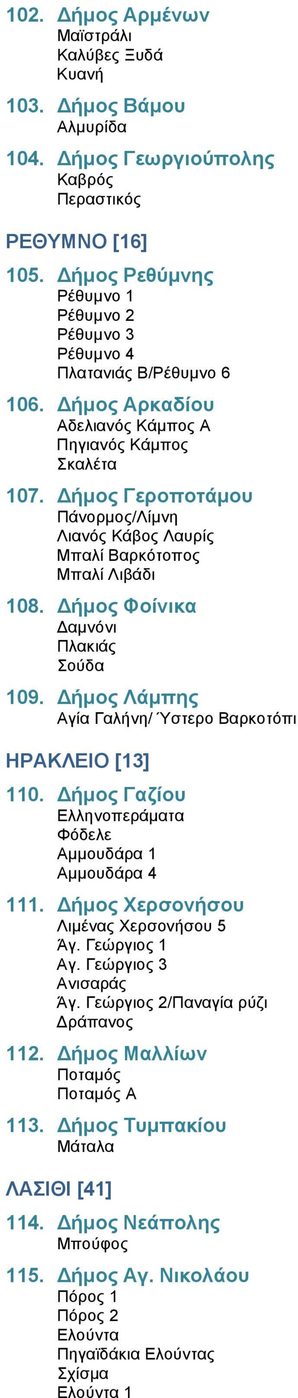 Δήμος Γεροποτάμου Πάνορμος/Λίμνη Λιανός Κάβος Λαυρίς Μπαλί Βαρκότοπος Μπαλί Λιβάδι 108. Δήμος Φοίνικα Δαμνόνι Πλακιάς Σούδα 109. Δήμος Λάμπης Αγία Γαλήνη/ Ύστερο Βαρκοτόπι ΗΡΑΚΛΕΙΟ [13] 110.
