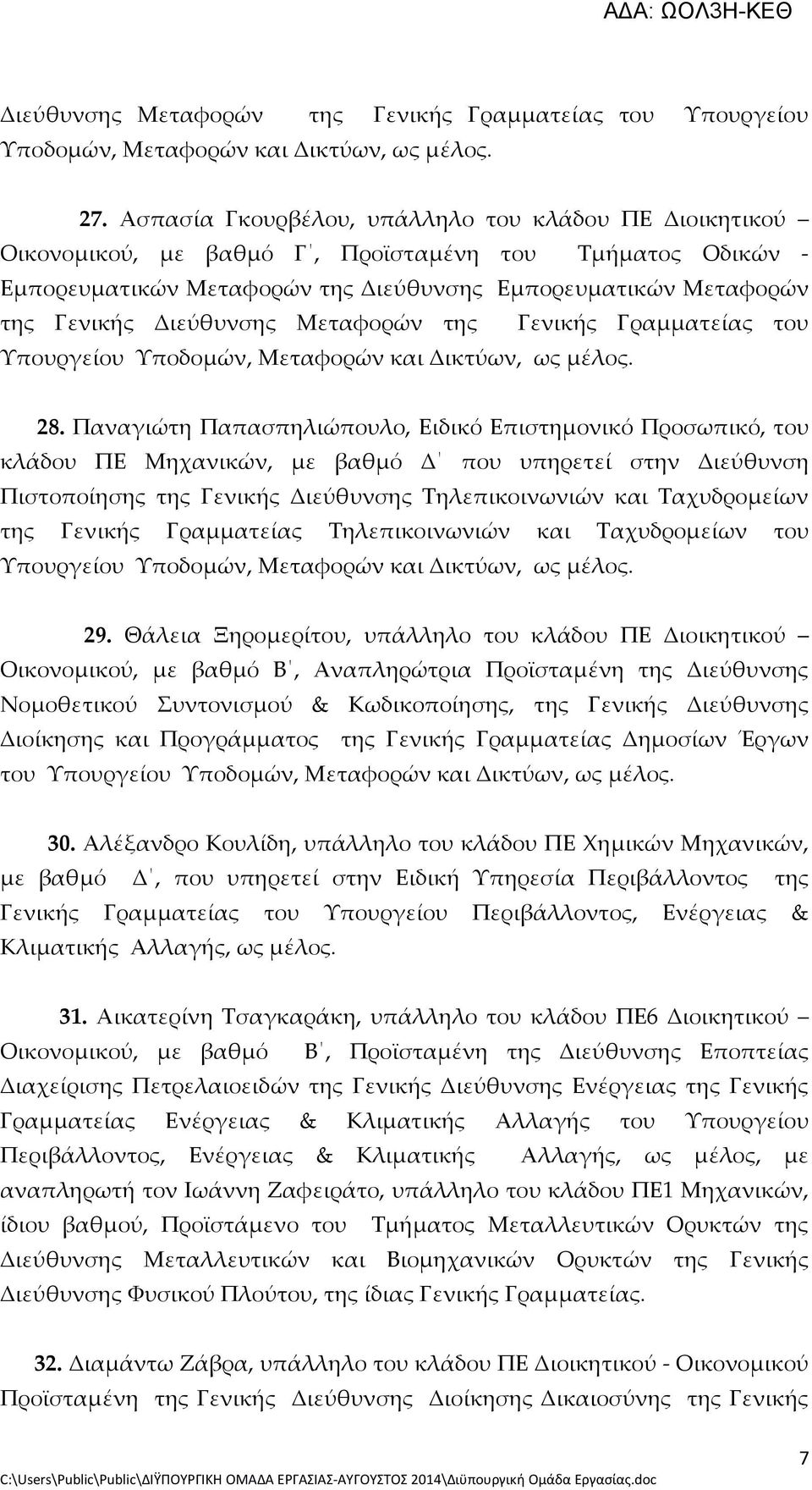 Διεύθυνσης Μεταφορών της Γενικής Γραμματείας του Υπουργείου Υποδομών, Μεταφορών και Δικτύων, ως μέλος. 28.