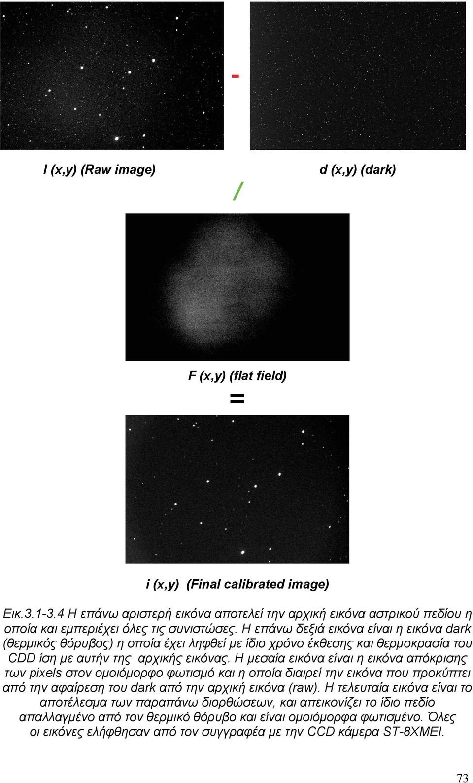 Η επάνω δεξιά εικόνα είναι η εικόνα dark (θερμικός θόρυβος) η οποία έχει ληφθεί με ίδιο χρόνο έκθεσης και θερμοκρασία του CDD ίση με αυτήν της αρχικής εικόνας.