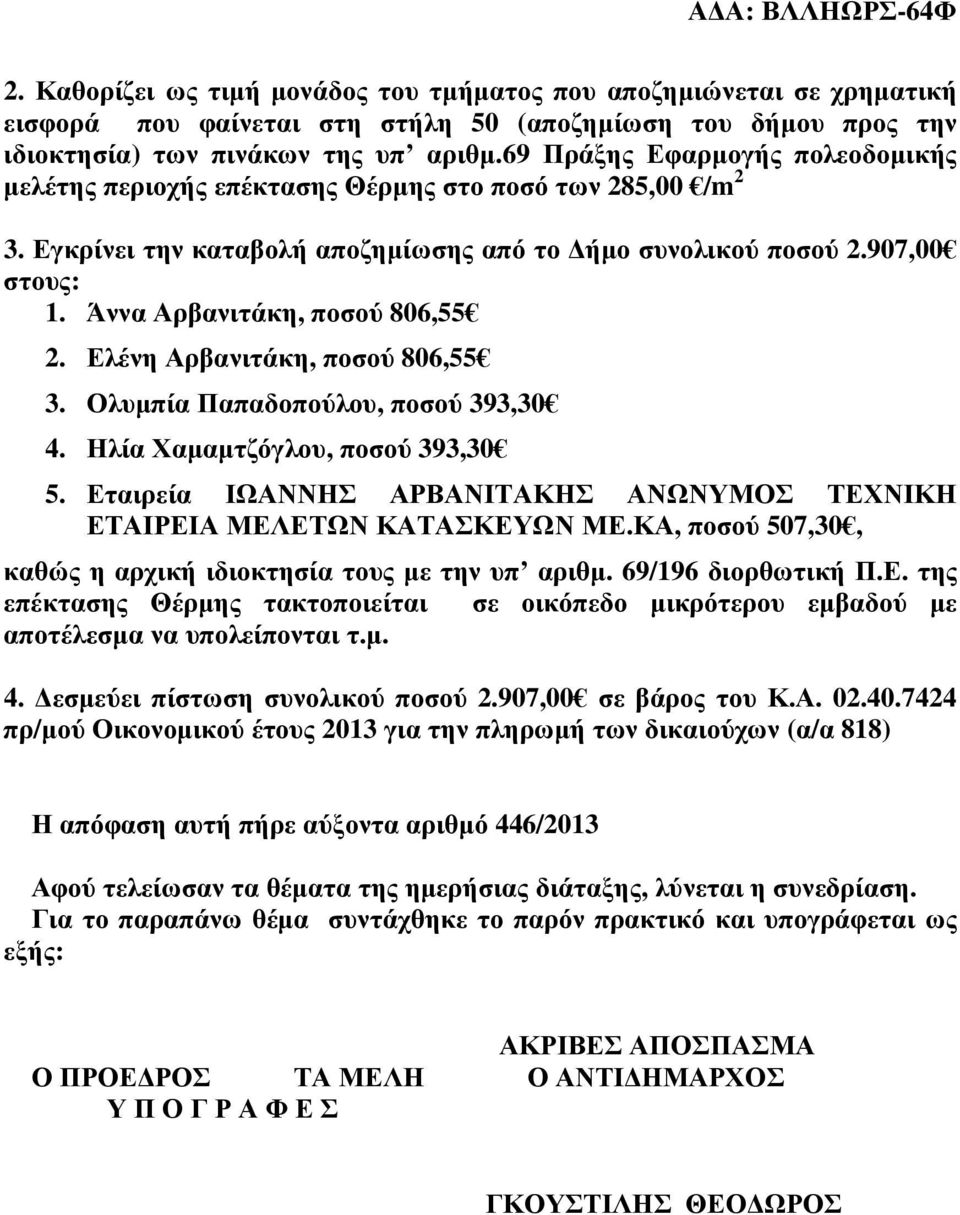 Άννα Αρβανιτάκη, ποσού 806,55 2. Ελένη Αρβανιτάκη, ποσού 806,55 3. Ολυµπία Παπαδοπούλου, ποσού 393,30 4. Ηλία Χαµαµτζόγλου, ποσού 393,30 5.