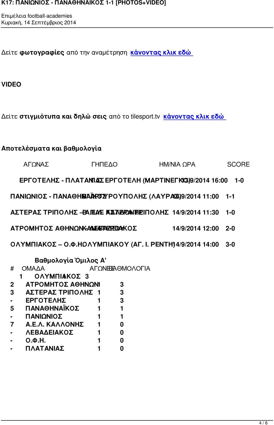 Ε.Λ. ΠΑΕ ΑΣΤΕΡΑ ΚΑΛΛΟΝΗΣ ΤΡΙΠΟΛΗΣ 14/9/2014 11:30 1-0 ΑΤΡΟΜΗΤΟΣ ΑΘΗΝΩΝ ΚΑΜΑΤΕΡΟΥ - ΛΕΒΑΔΕΙΑΚΟΣ 14/9/2014 12:00 2-0 ΟΛΥΜΠΙΑΚΟΣ Ο.Φ.Η.ΟΛΥΜΠΙΑΚΟΥ (ΑΓ. Ι.