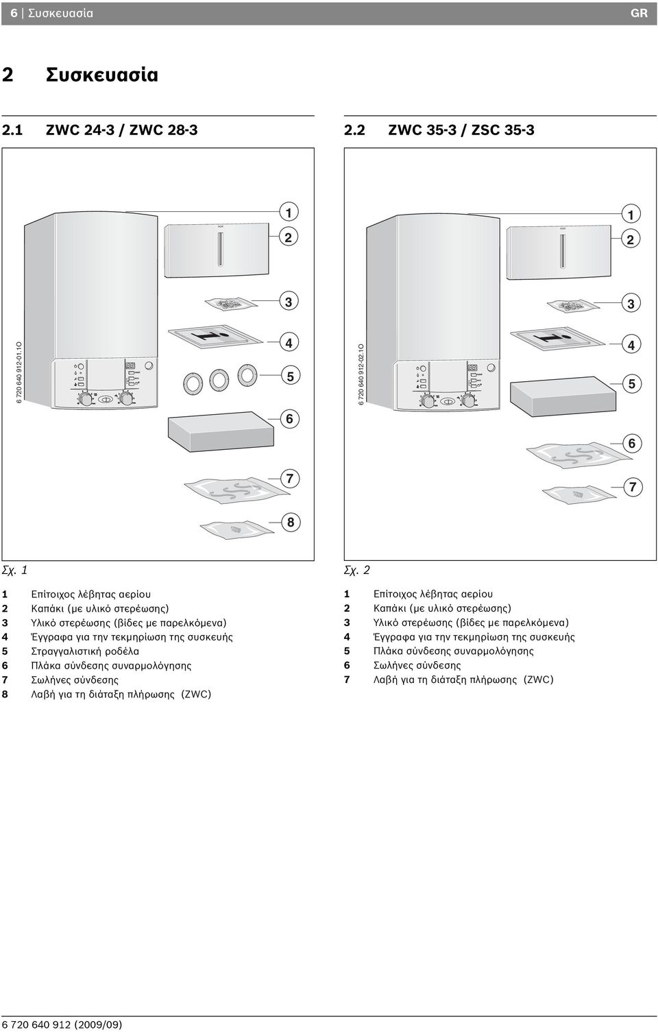 Στραγγαλιστική ροδέλα Πλάκα σύνδεσης συναρμολόγησης 7 Σωλήνες σύνδεσης 8 Λαβή για τη διάταξη πλήρωσης (ZWC) Επίτοιχος λέβητας αερίου Καπάκι (με