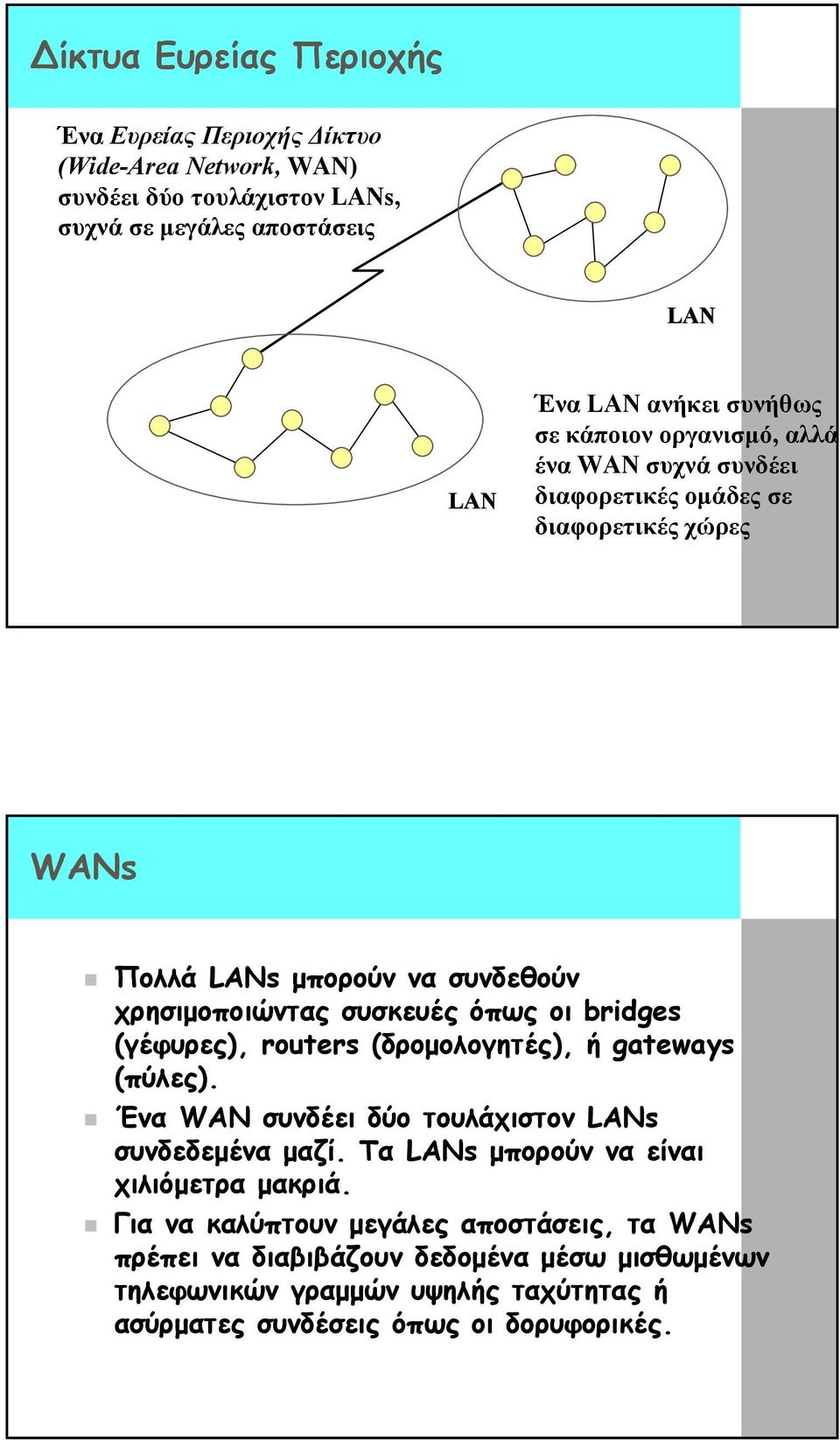 bridges (γέφυρες), routers (δροµολογητές), ή gateways (πύλες). Ένα WAN συνδέει δύο τουλάχιστον LANs συνδεδεµένα µαζί. Τα LANs µπορούν να είναι χιλιόµετρα µακριά.