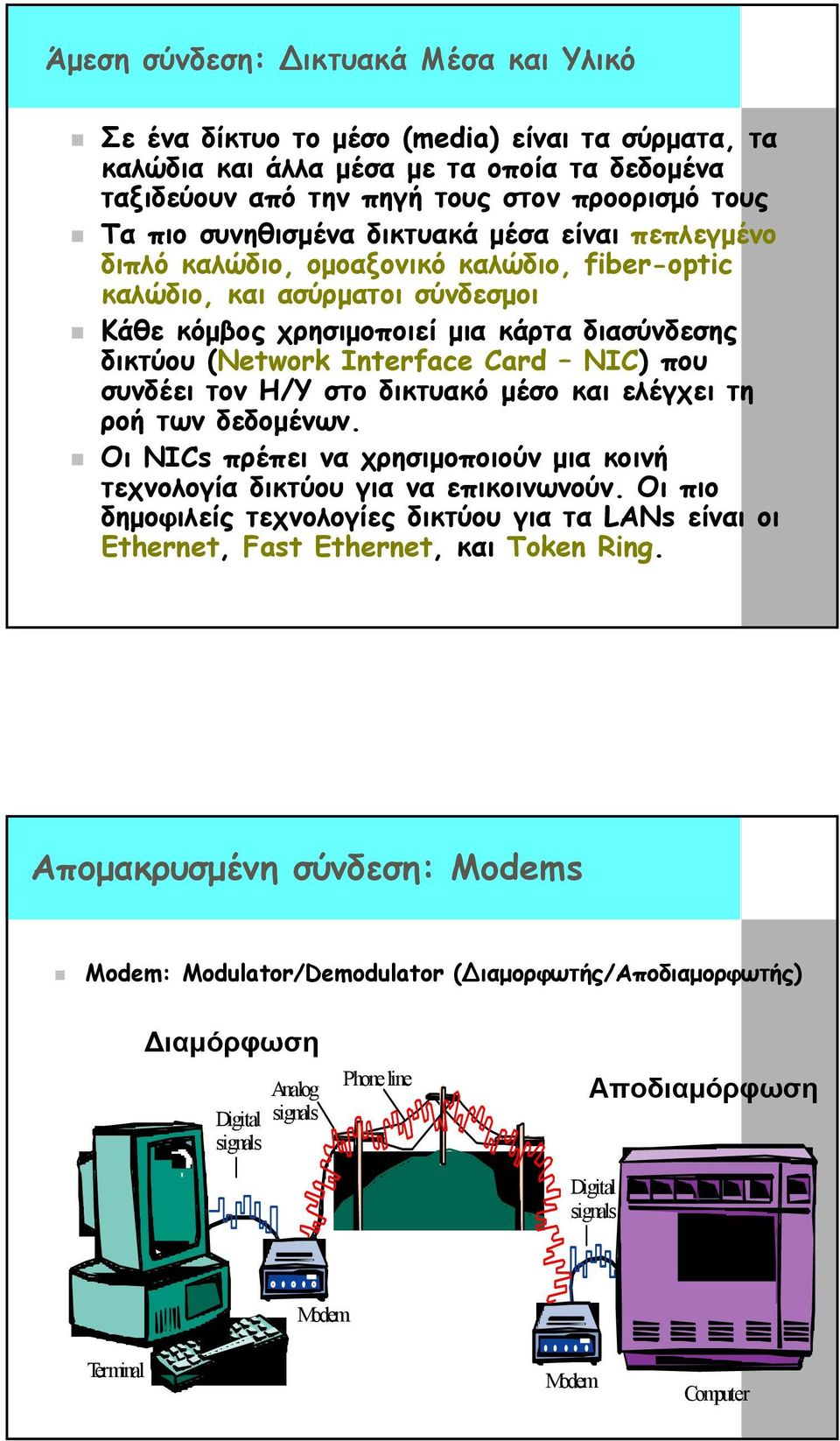 Card NIC) που συνδέει τον Η/Υ στο δικτυακό µέσο και ελέγχει τη ροή των δεδοµένων. Οι NICs πρέπει να χρησιµοποιούν µια κοινή τεχνολογία δικτύου για να επικοινωνούν.