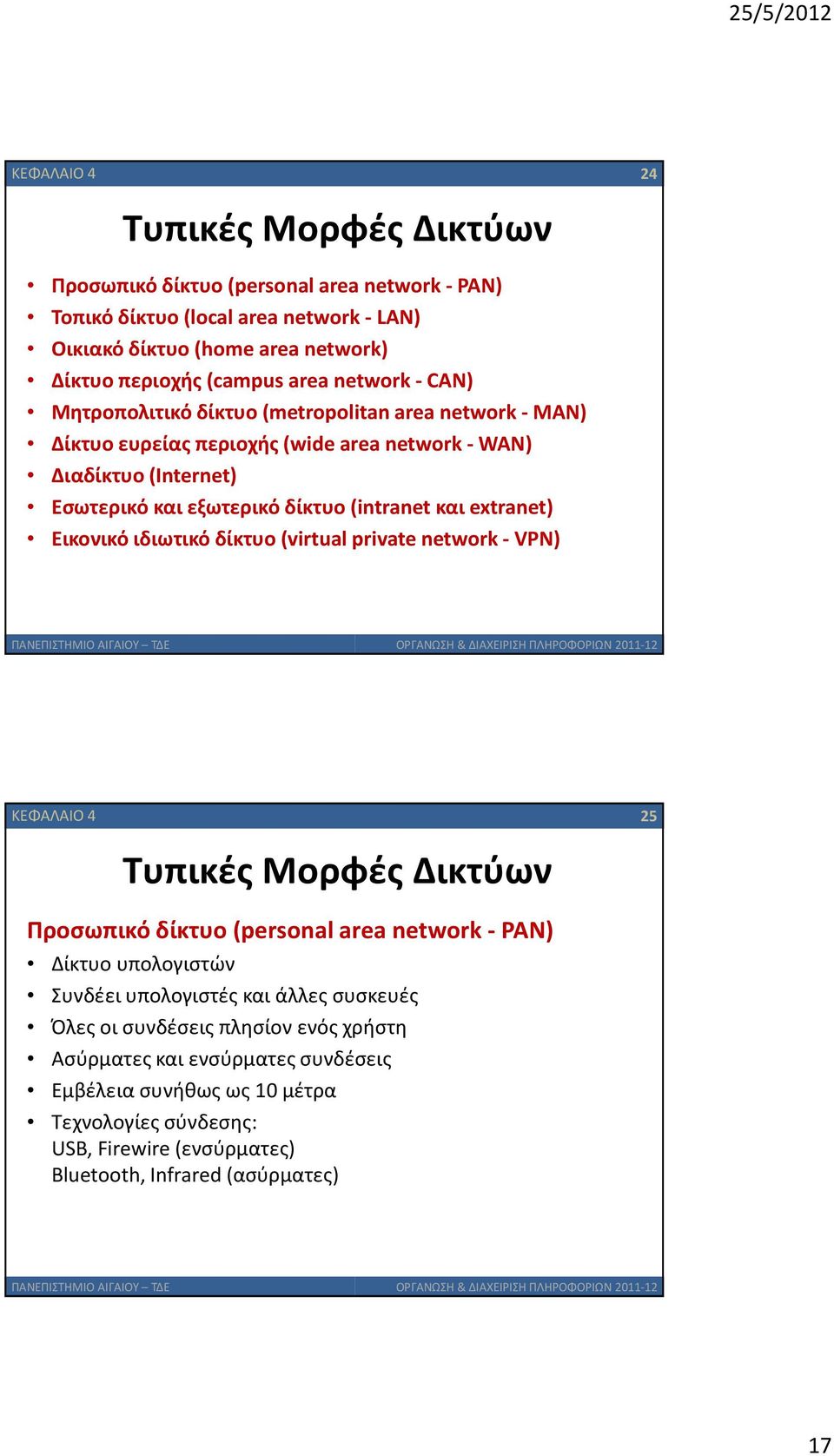 extranet) Εικονικό ιδιωτικό δίκτυο (virtual private network - VPN) ΚΕΦΑΛΑΙΟ 4 25 Τυπικές Μορφές Δικτύων Προσωπικό δίκτυο (personal area network - PAN) Δίκτυο υπολογιστών Συνδέει υπολογιστές