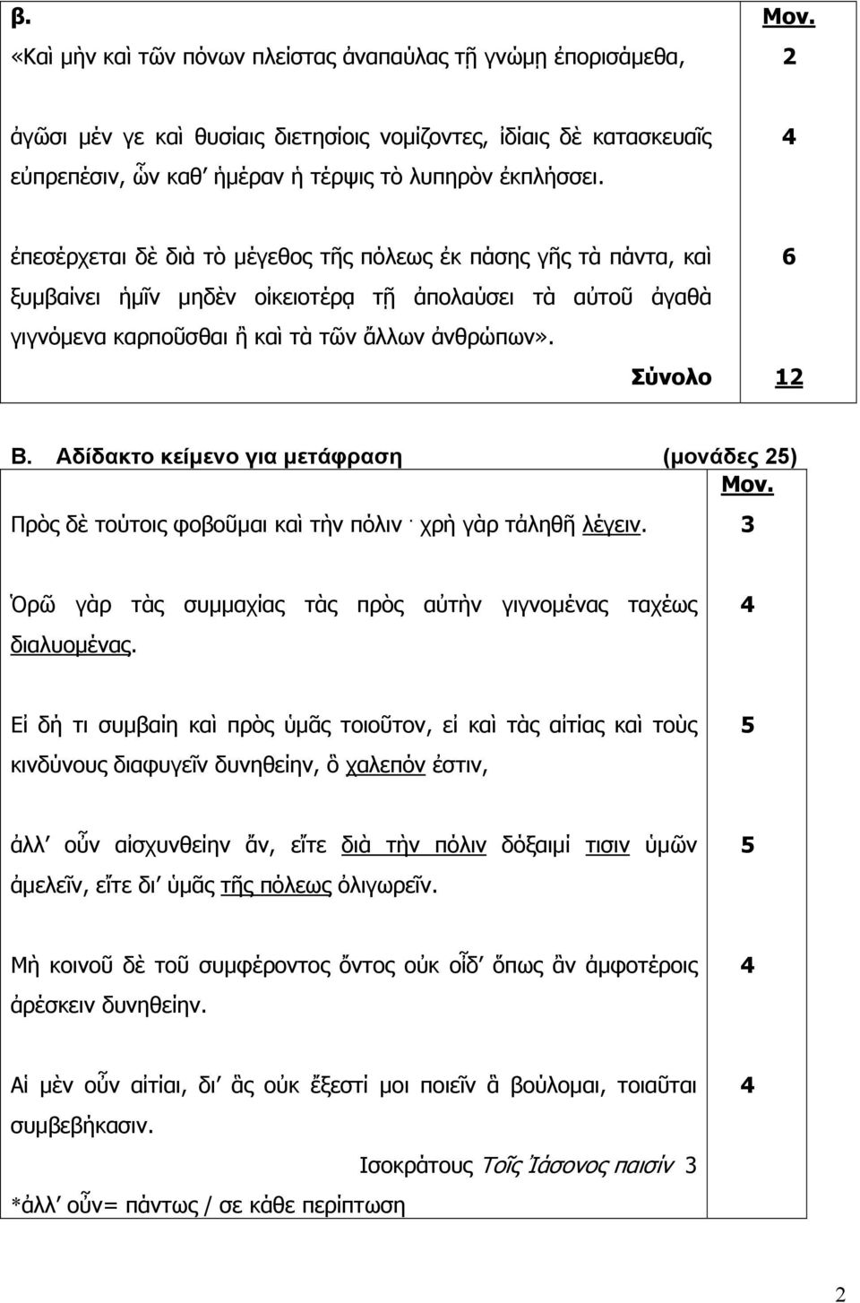 Αδίδακτο κείμενο για μετάφραση (μονάδες 2) Μον. Πρὸς δὲ τούτοις φοβοῦμαι καὶ τὴν πόλιν. χρὴ γὰρ τἀληθῆ λέγειν. 3 Ὁρῶ γὰρ τὰς συμμαχίας τὰς πρὸς αὐτὴν γιγνομένας ταχέως διαλυομένας.