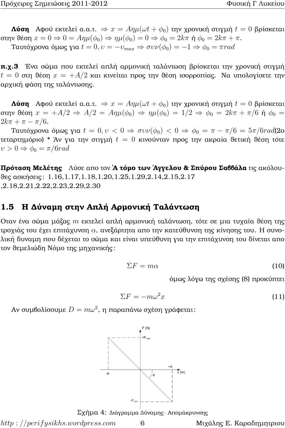 Να υπολογίσετε την αρχική ϕάση της ταλάντωσης. Λύση Αφού εκτελεί α.α.τ. x = Aηµ(ωt + φ 0 ) την χρονική στιγµή t = 0 ϐρίσκεται στην ϑέση x = +A/ A/ = Aηµ(φ 0 ) ηµ(φ 0 ) = 1/ φ 0 = kπ + π/6 ή φ 0 = kπ + π π/6.