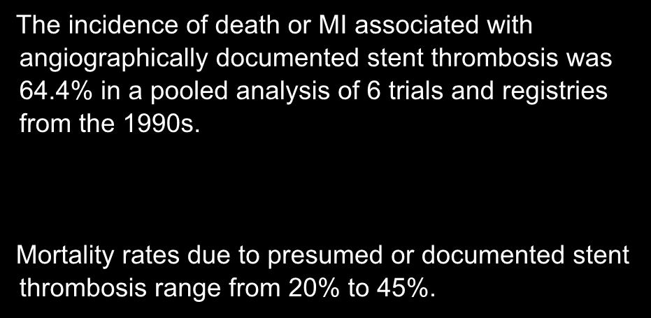 The incidence of death or MI associated with angiographically documented stent thrombosis was 64.