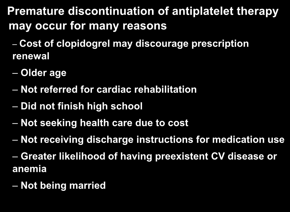 Premature discontinuation of antiplatelet therapy may occur for many reasons Cost of clopidogrel may discourage prescription renewal Older age Not referred for cardiac rehabilitation Did not finish