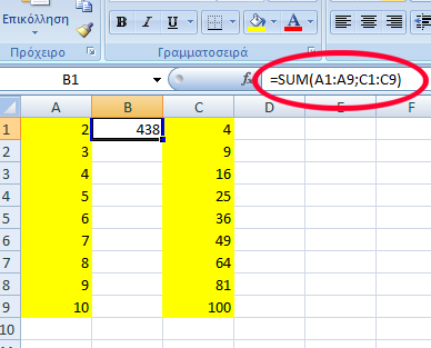 Εικόνα 21. Εφαρμογή της συνάρτησης "sum(α1:β9)" για τα περιεχόμενα των κελιών της επιλογής Α1 έως Β9 που περιλαμβάνει την στήλη Α1 έως Α9 και Β1 έως Β9.