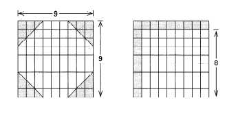 Το εμβαδόν κύκλου στους Αιγύπτιους (2) Τοποθετούμε τα τετραγωνάκια που λείπουν οριζόντια και κάθετα στις παρυφές του αρχικού τετραγώνου. Προκύπτει ένα τετράγωνο με πλευρά 8.