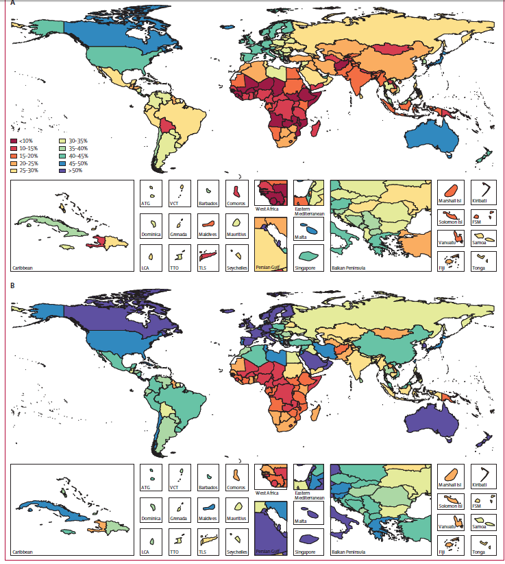 Percentage of disability-adjusted life years due to years lived with disability in 1990 (A) and 2013 (B) in 188 countries Global Burden of Disease Study 2013 Collaborators.