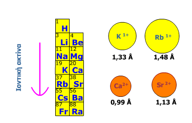 Οι ιοντικές ακτίνες των αλκαλίων αυξάνουν σε σχέση με τον ατομικό αριθμό του στοιχείου. Η ιοντική ακτίνα του Rb είναι παραπλήσια με αυτή του K και έτσι μπορεί να αντικαθιστά το Κ στα καλιούχα ορυκτά.