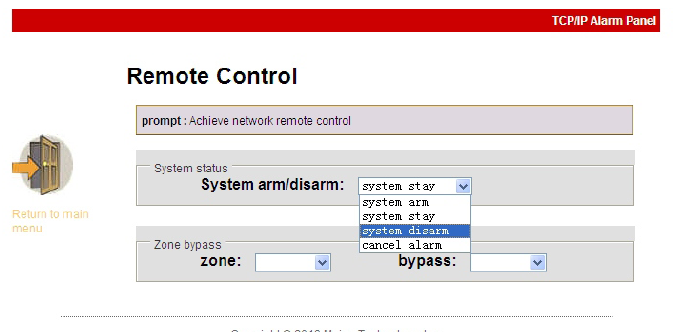 10.1 Απομακρυσμένες έλεγχος Για να ελέγξετε απομακρυσμένα -μέσω δικτύου-τον συναγερμό κάντε κλικ στο εικονίδιο Remote Control Οι επιλογές που έχετε είναι Οπλισμός > System Arm Οπλισμός Περιμέτρου >