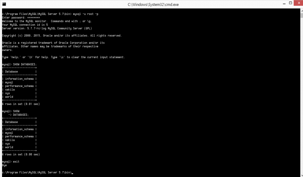 Εικόνα 1.18: Σύνδεση με MySQL Server. Με την επιτυχημένη σύνδεση μας δίνεται η γραμμή εντολών mysql>.