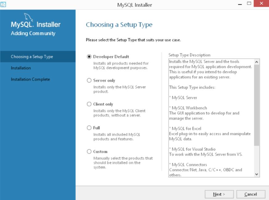 Εικόνα 1.2: Download MySQL. Οι βασικές επιλογές εγκατάστασης είναι Developer Default: Εγκατάσταση εξυπηρετητή (server), clients, βιβλιοθηκών διασύνδεσης με τον server.