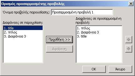 εμφανιστεί στο πλαίσιο Διαφάνειες σε προσαρμοσμένη προβολή, στα δεξιά του πλαισίου διαλόγου. 7. Επιλέξτε και προσθέστε τις διαφάνειες που θέλετε να εμφανίζονται στην προσαρμοσμένη προβολή. 8.