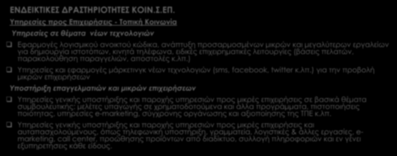 Ενίσχυση της κοινωνικής οικονομίας ΕΝΔΕΙΚΤΙΚΕΣ ΔΡΑΣΤΗΡΙΟΤΗΤΕΣ ΚΟΙΝ.Σ.ΕΠ.