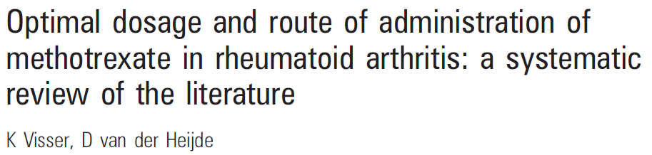 Συστηματική ανασκόπηση όλης της διαθέσιμης βιβλιογραφίας (38 τυχαιοποιημένες μελέτες) με στόχο τον καθορισμό της βέλτιστης δόσης χορήγησης της ΜΤΧ σε ασθενείς με ρευματοειδή αρθρίτιδα Οι ασθενείς θα