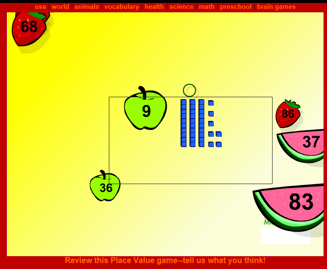 2.7. Ιστοσελίδα: http://www.sheppardsoftware.com/mathgames/placevalue/fruit_shoot_place_value.ht m Στο εφαρμογίδιο αυτό τα παιδιά καλούνται να αναλύσουν τον αριθμό, χρησιμοποιώντας το υλικό Dienes.