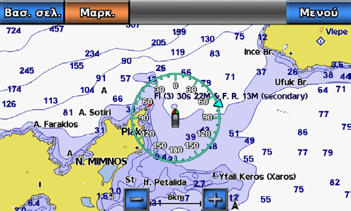 Χάρτες και προβολές 3D χαρτών Προβολή και διαμόρφωση κυκλικών γραφημάτων Στο χάρτη πλοήγησης ή στο χάρτη ψαρέματος, μπορείτε να εμφανίσετε ένα κυκλικό γράφημα πυξίδας (ρόδα) γύρω από το σκάφος σας,