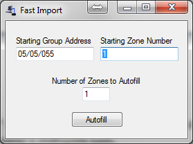 Επιλέγουμε το πλήκτρο Fast Import και ανοίγει το εξής παράθυρο: Στο πεδίο Starting Group Address δίνουμε την Group Address που θέλουμε να ξεκινήσει η αρίθμηση και στο πεδίο Starting Zone Number